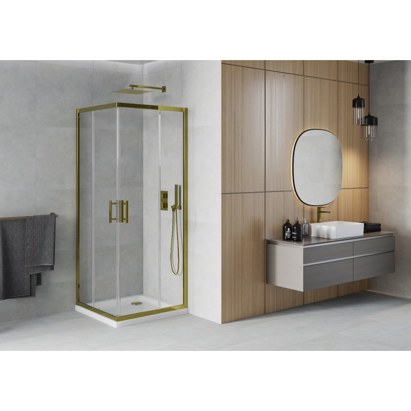 Mexen Rio vierkante douchecabine 90 x 90 cm, transparant, goud + Flat douchebak, wit - 860-090-090-50-00-4010G