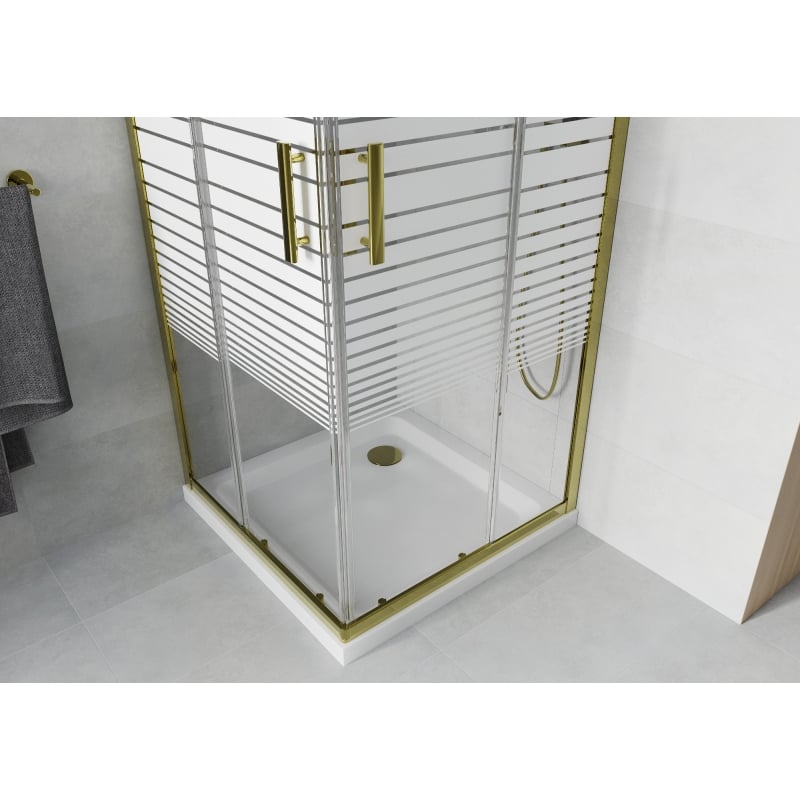 Mexen Rio kabina prysznicowa kwadratowa 70 x 70 cm, białe pasy, złota + brodzik Flat, biały - 860-070-070-50-20-4010G