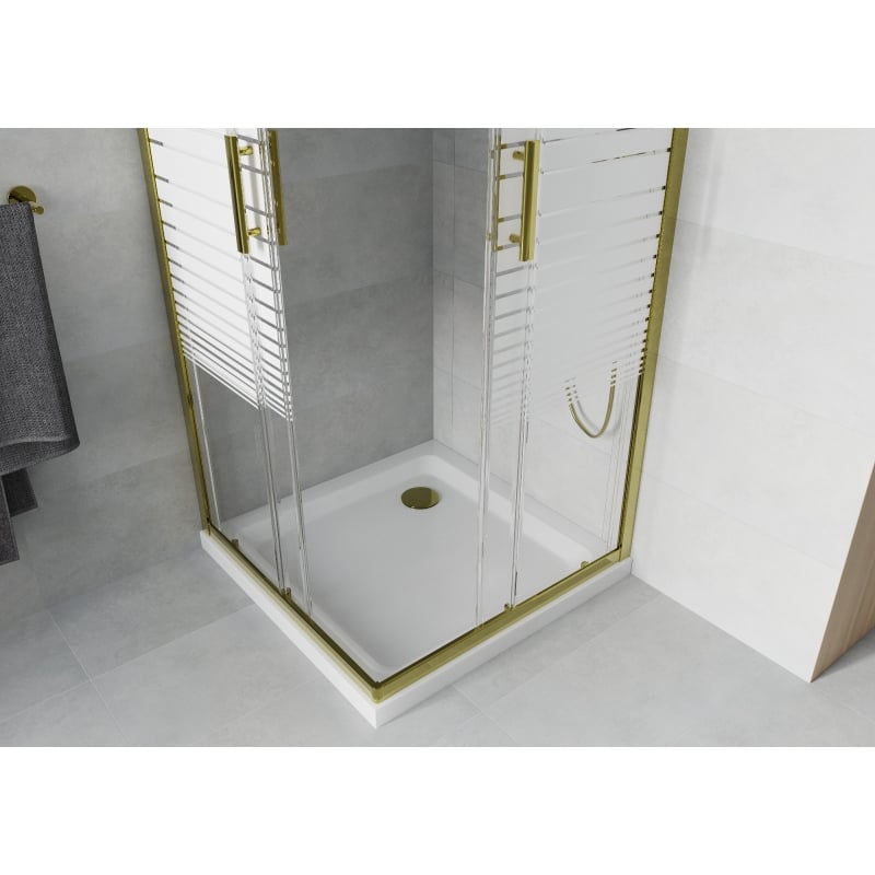 Mexen Rio kabina prysznicowa kwadratowa 70 x 70 cm, białe pasy, złota + brodzik Flat, biały - 860-070-070-50-20-4010G