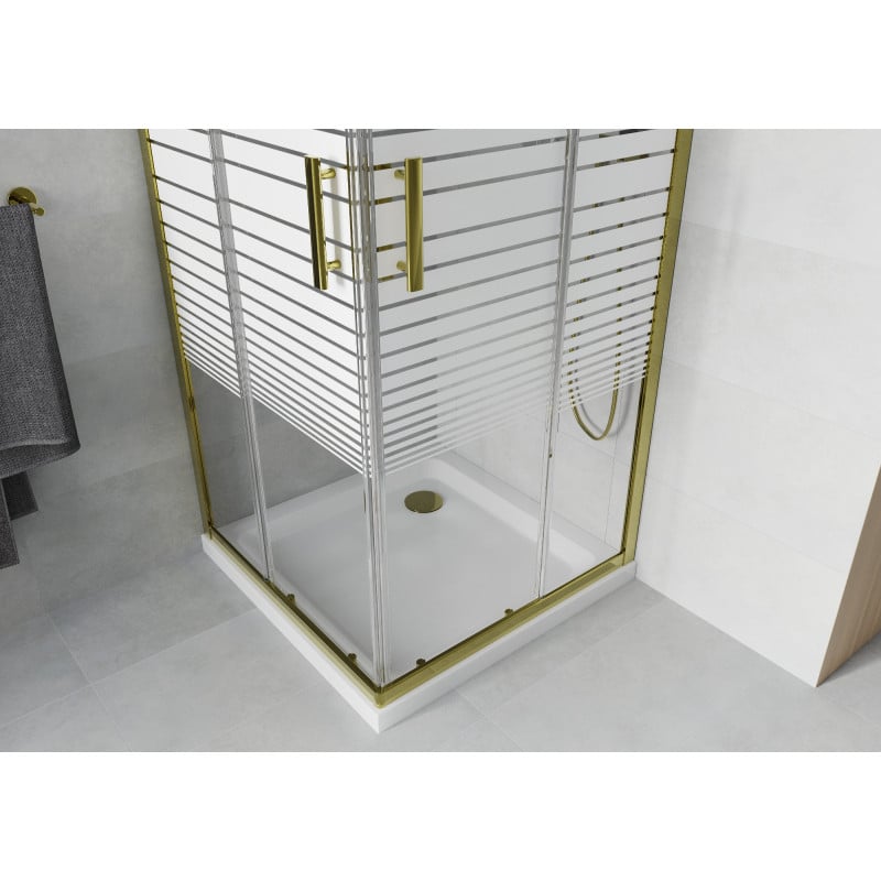 Mexen Rio cabine de duche quadrada 80 x 80 cm, faixas brancas, dourado + base de duche Flat, branco - 860-080-080-50-20-4010G