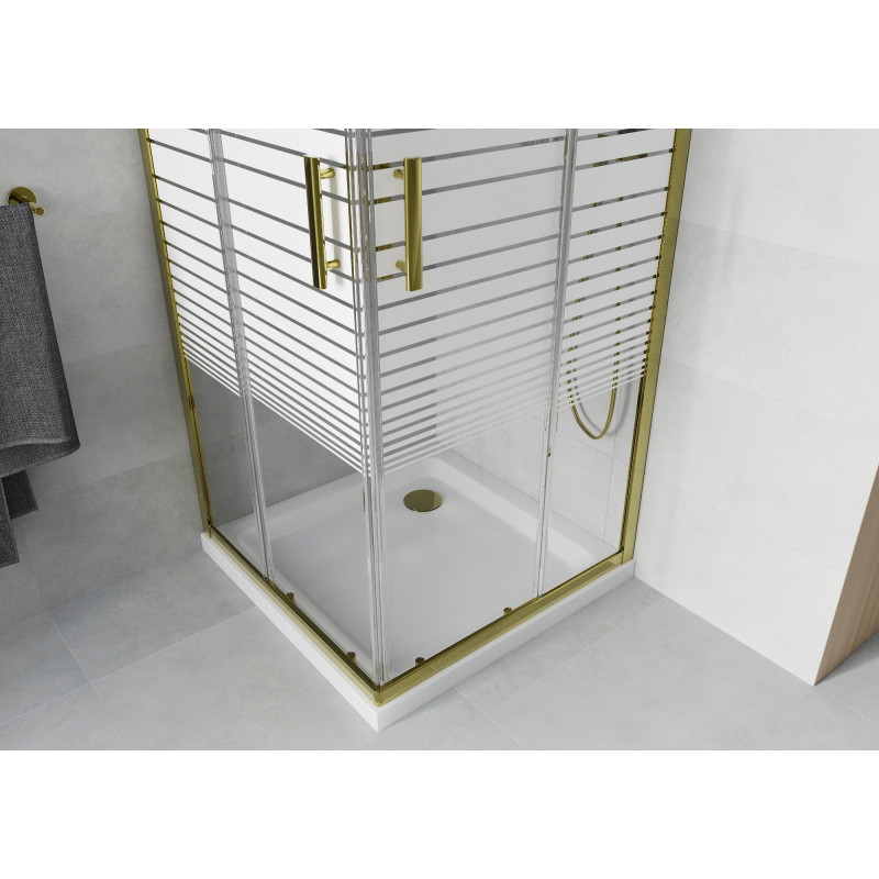 Mexen Rio ruudukujuline dušinurk 80 x 80 cm, valged triibud, kuld + Flat aluskabiin, valge - 860-080-080-50-20-4010G