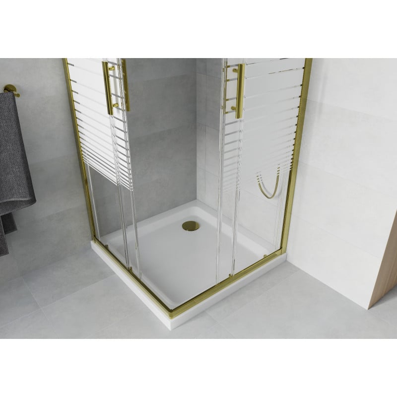 Mexen Rio kabina prysznicowa kwadratowa 80 x 80 cm, białe pasy, złota + brodzik Flat, biały - 860-080-080-50-20-4010G