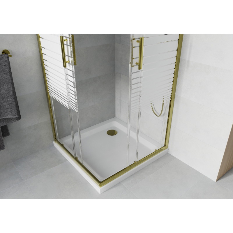 Mexen Rio ruudukujuline dušinurk 80 x 80 cm, valged triibud, kuld + Flat aluskabiin, valge - 860-080-080-50-20-4010G
