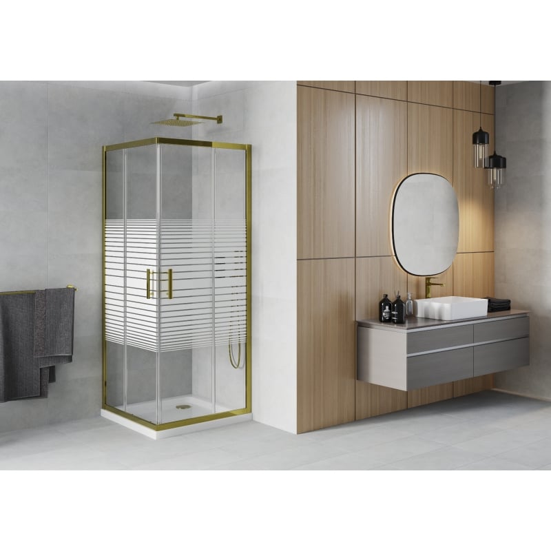 Mexen Rio square shower cabin 90 x 90 cm, white stripes, gold + Flat tray, white - 860-090-090-50-20-4010G