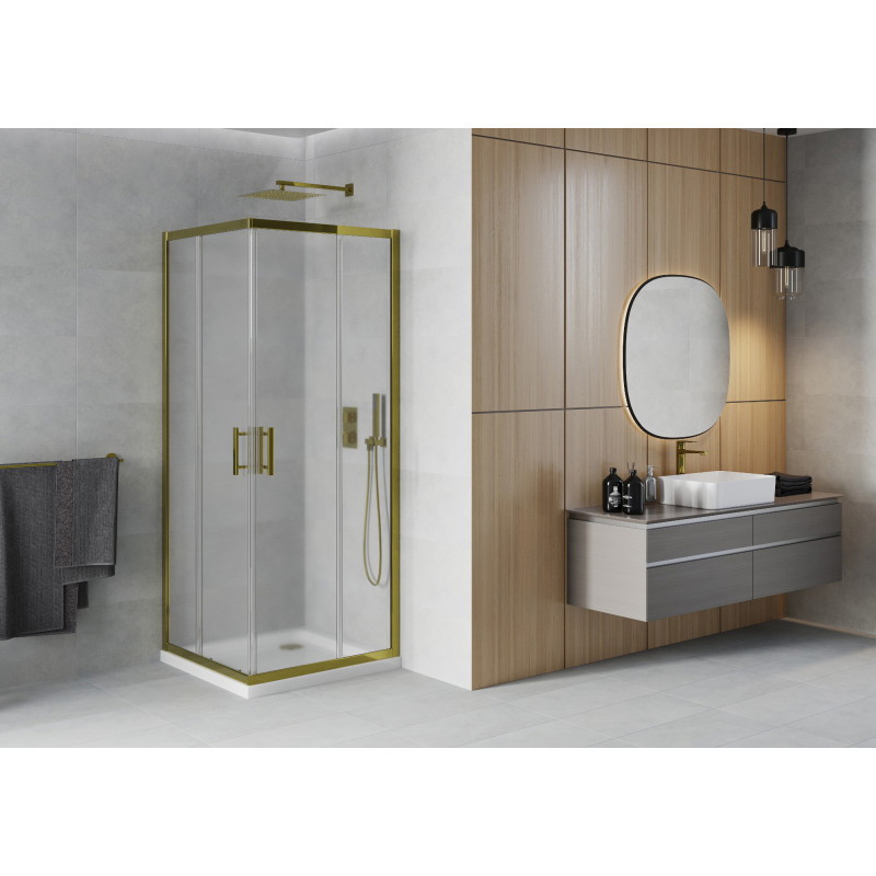 Mexen Rio cabine de douche carrée 80 x 80 cm, givre, or + receveur Flat, blanc - 860-080-080-50-30-4010G