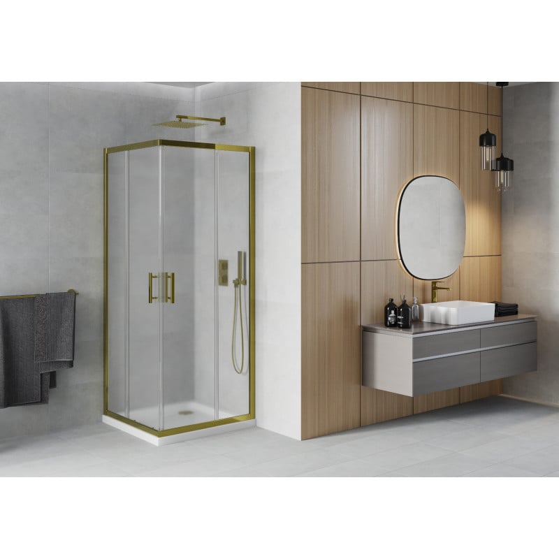 Mexen Rio kabina prysznicowa kwadratowa 90 x 90 cm, szron, złota + brodzik Flat, biały - 860-090-090-50-30-4010G