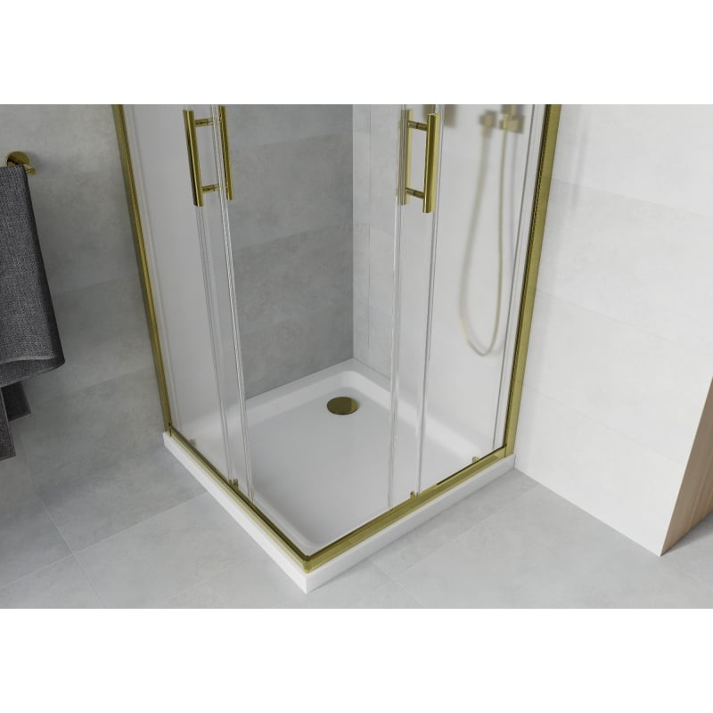 Mexen Rio cabina de ducha cuadrada 90 x 90 cm, esmerilado, dorado + plato ducha Flat, blanco - 860-090-090-50-30-4010G