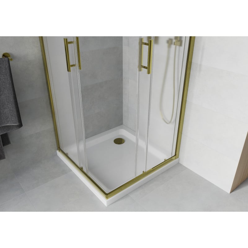 Mexen Rio cabine de duche quadrada 90 x 90 cm, fosco, dourado + base de duche Flat, branco - 860-090-090-50-30-4010G