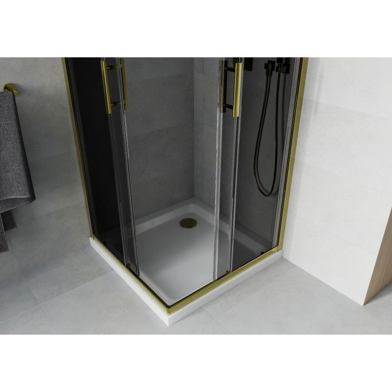 Mexen Rio square shower enclosure 90 x 90 cm, graphite, gold + Flat shower tray, white - 860-090-090-50-40-4010G