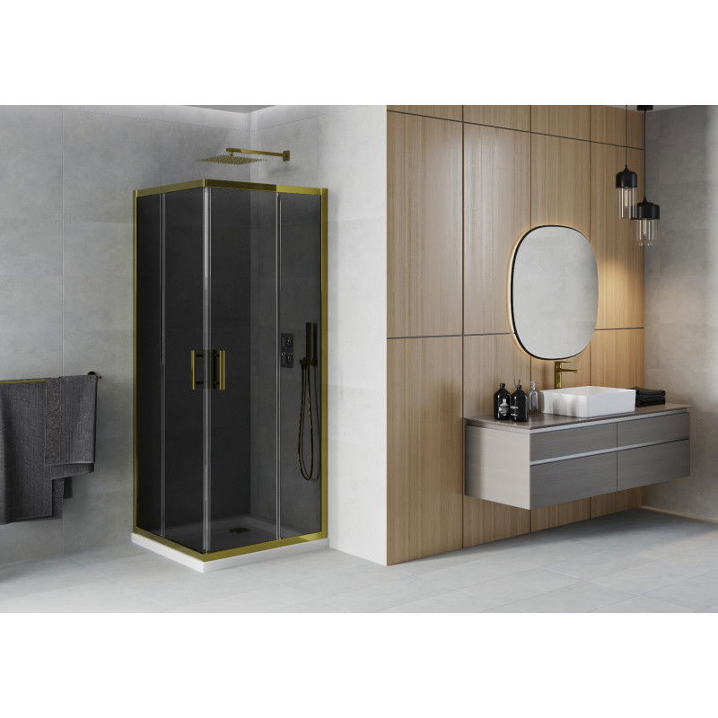 Mexen Rio square shower cubicle 90 x 90 cm, Graphite, Gold + shower tray Flat, White - 860-090-090-50-40-4010G