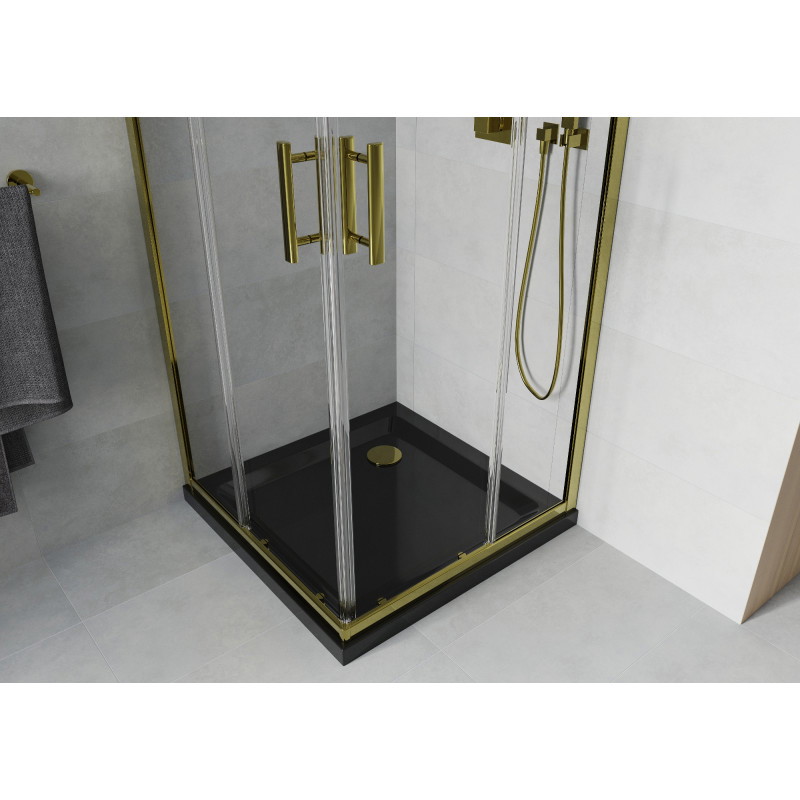 Mexen Rio cabine de douche carrée 80 x 80 cm, transparente, or + receveur Flat, noir - 860-080-080-50-00-4070G