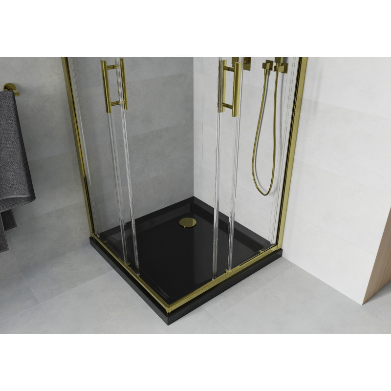 Mexen Rio quadratische Duschkabine 80 x 80 cm, transparent, golden + Duschwanne Flat, schwarz - 860-080-080-50-00-4070G
