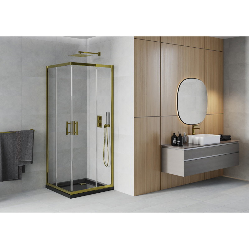 Mexen Rio cabine de douche carrée 80 x 80 cm, transparente, or + receveur Flat, noir - 860-080-080-50-00-4070G