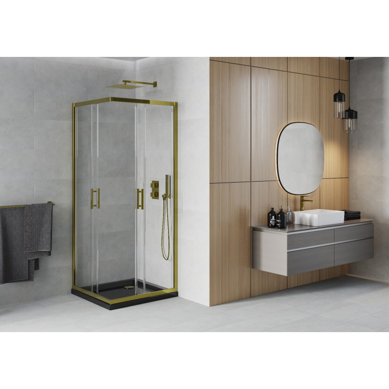 Mexen Rio cabine de douche carrée 80 x 80 cm, transparente, or + receveur Flat, noir - 860-080-080-50-00-4070G