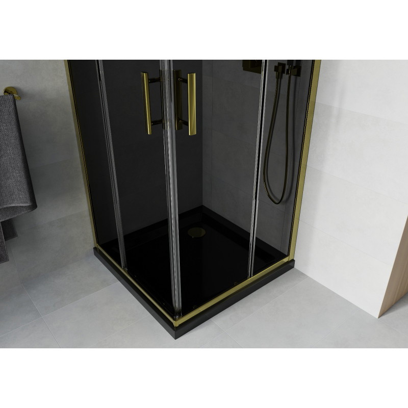 Mexen Rio Quadratische Duschkabine 80 x 80 cm, Graphit, Gold + Flat Duschwanne, Schwarz - 860-080-080-50-40-4070G