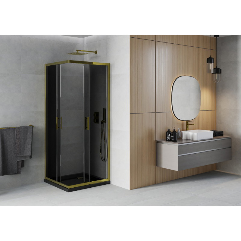 Mexen Rio cabine de douche carrée 80 x 80 cm, graphite, or + receveur Flat, noir - 860-080-080-50-40-4070G