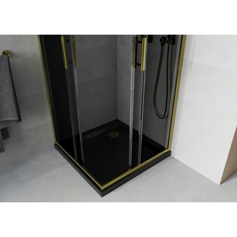Mexen Rio Cabine de douche carrée 90 x 90 cm, graphite, doré + receveur Flat, noir - 860-090-090-50-40-4070G