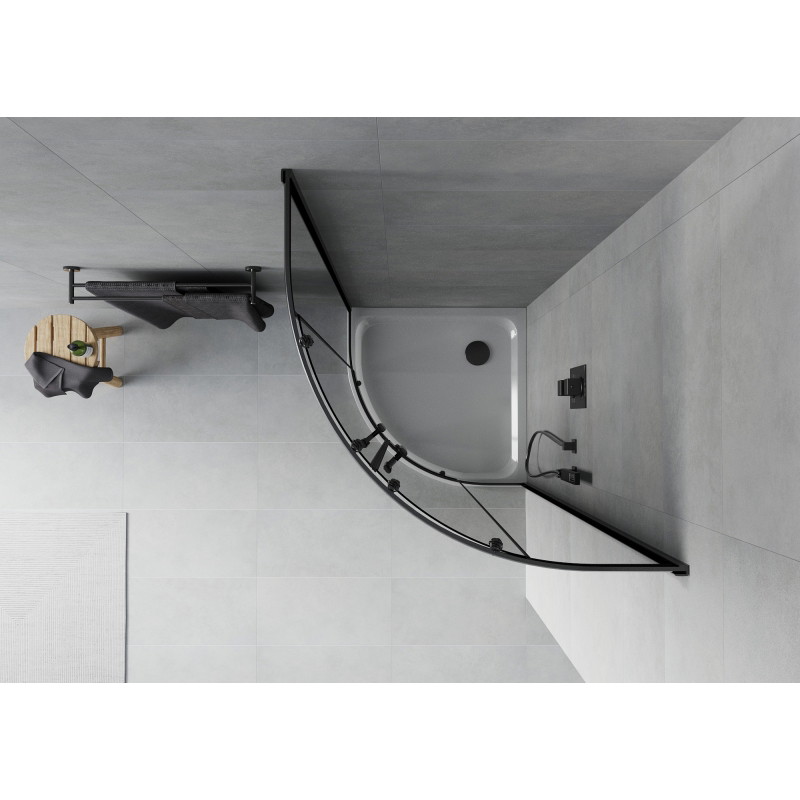 Mexen Rio Halbrunde Duschkabine 90 x 90 cm, Graphit, Schwarz + Duschwanne Flat, Weiß - 863-090-090-70-40-4110B