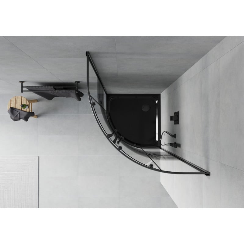 Mexen Rio halvrund duschkabin 80 x 80 cm, svarta ränder, svart + Flat duschkar, svart - 863-080-080-70-20-4170B