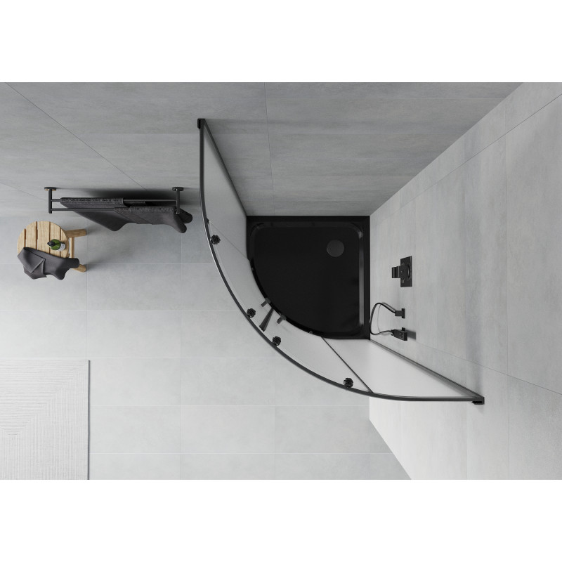 Mexen Rio Halbrunde Duschkabine 80 x 80 cm, Mattglas, Schwarz + Flat Duschwanne, Schwarz - 863-080-080-70-30-4170B
