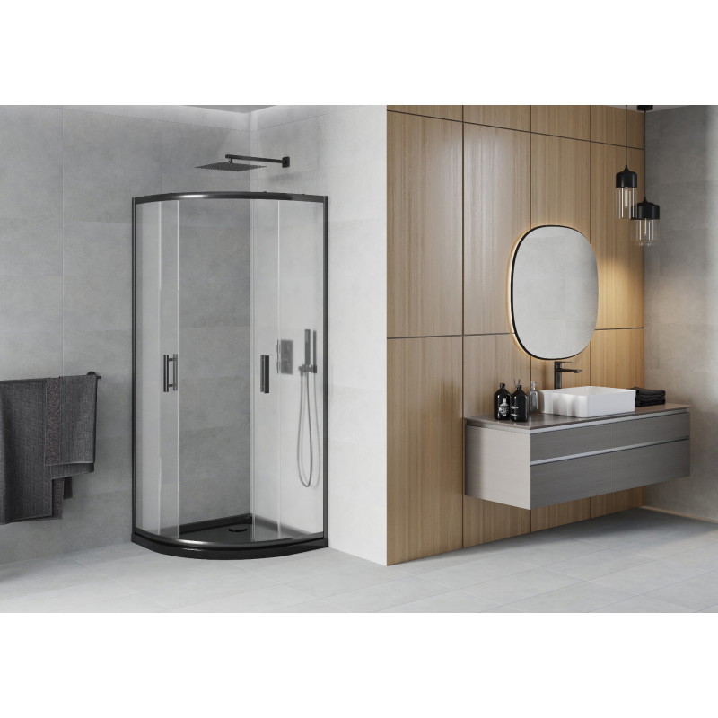 Mexen Rio half-ronde douchecabine 80 x 80 cm, ijs, zwart + Flat douchebak, zwart - 863-080-080-70-30-4170B