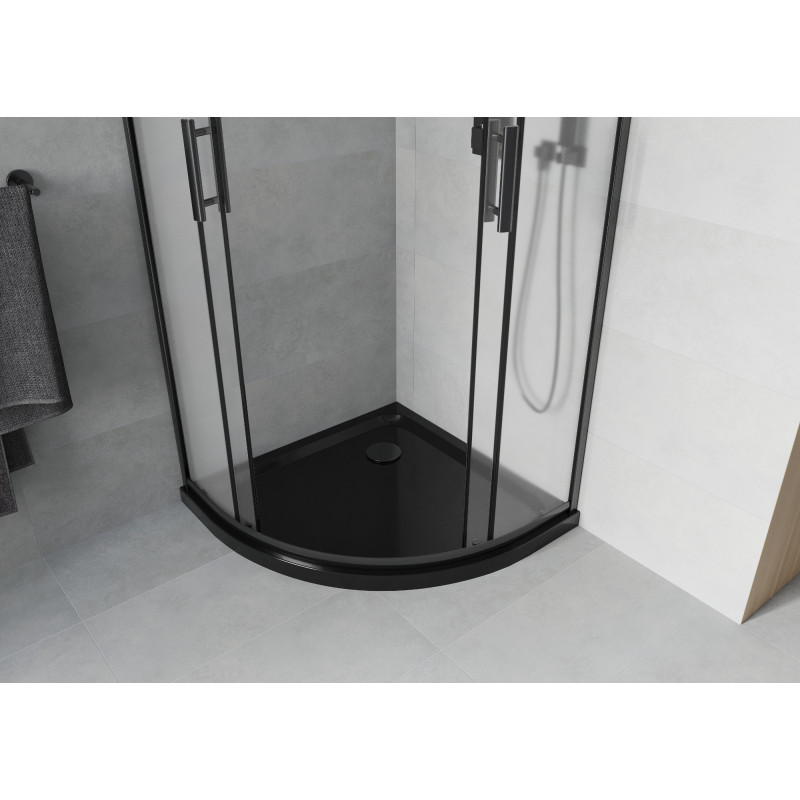Mexen Rio cabine de douche semi-circulaire 80 x 80 cm, givrée, noire + receveur Flat, noir - 863-080-080-70-30-4170B