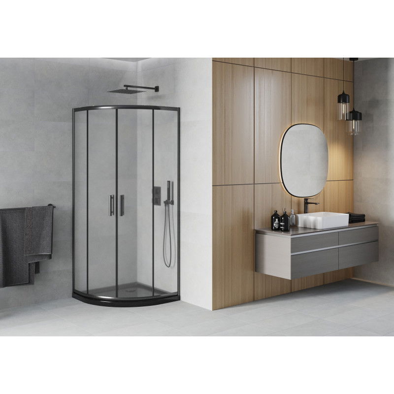 Mexen Rio halvrund duschkabin 90 x 90 cm, frost, svart + Flat duschkar, svart - 863-090-090-70-30-4170B