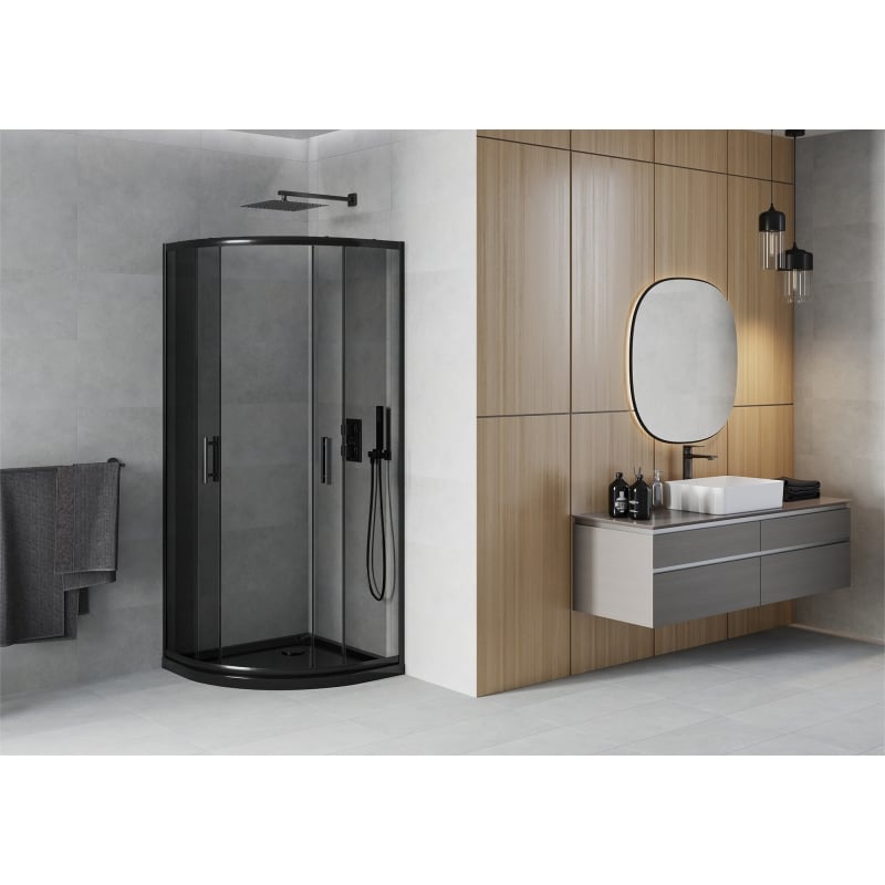 Mexen Rio tuš kabina polukružna 80 x 80 cm, grafit, crna + tuš kada Flat, crna - 863-080-080-70-40-4170B