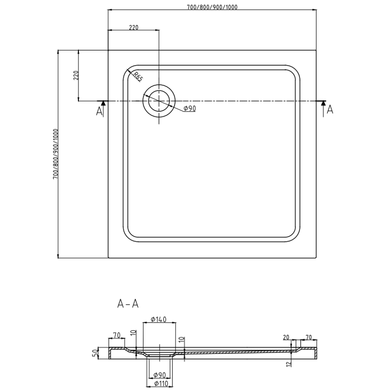 Mexen Rio quadratescht Duschkabinn 70 x 70 cm, transparent, schwaarz + Flat-Duschteller, wäiss - 860-070-070-70-00-4010B