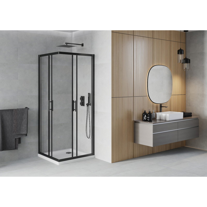 Mexen Rio cabine de douche carrée 90 x 90 cm, transparente, noire + receveur Flat, blanc - 860-090-090-70-00-4010B
