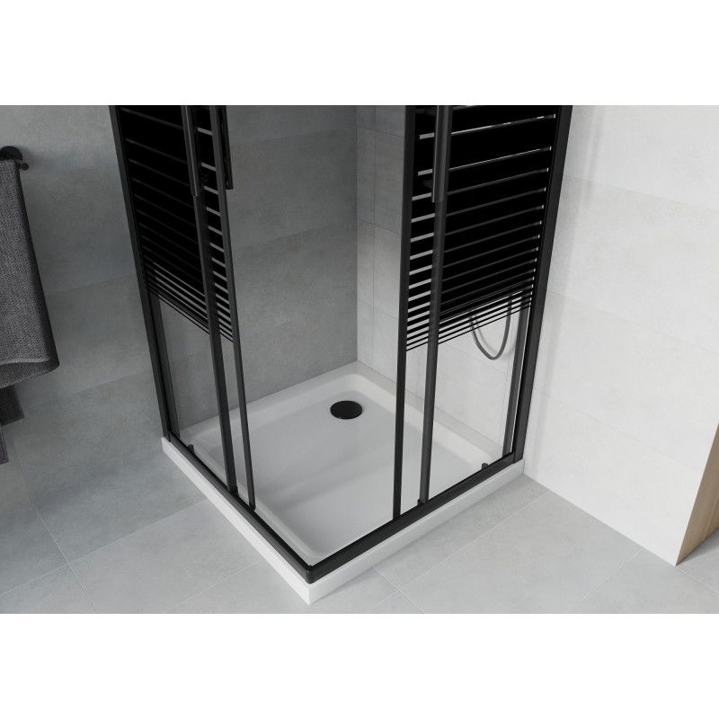 Mexen Rio cabina doccia quadrata 70 x 70 cm, righe nere, nero + piatto Flat, bianco - 860-070-070-70-20-4010B
