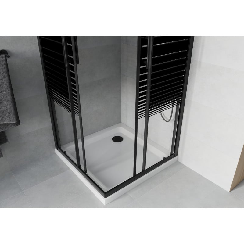 Mexen Rio cabine de duche quadrada 80 x 80 cm, listras pretas, preta + base Flat, branco - 860-080-080-70-20-4010B