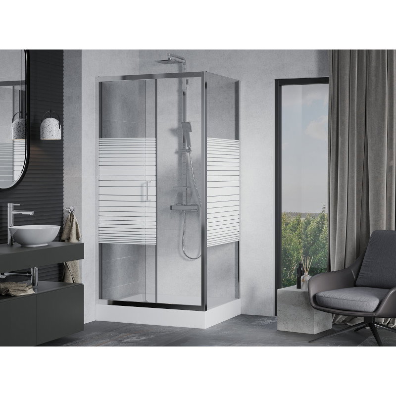 Mexen Apia sliding shower cabin 100 x 80 cm, white stripes, chrome + Rio tray - 840-100-080-01-20-4510