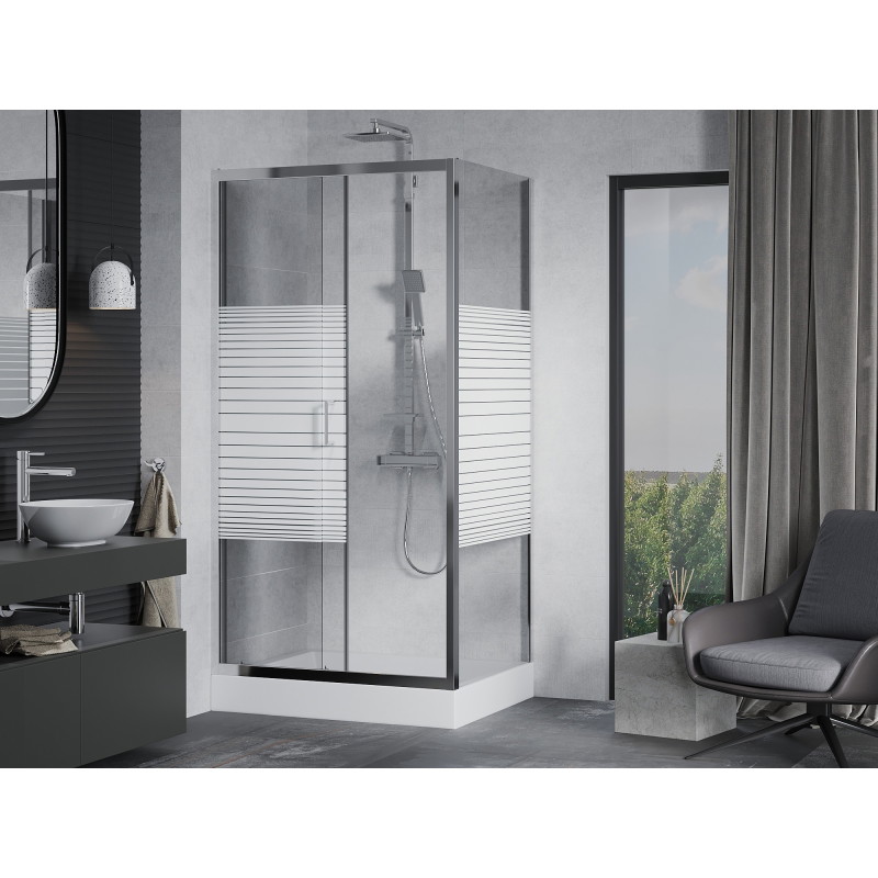 Mexen Apia liuglev dušikabiin 120 x 80 cm, valged triibud, kroom + Rio alus - 840-120-080-01-20-4510
