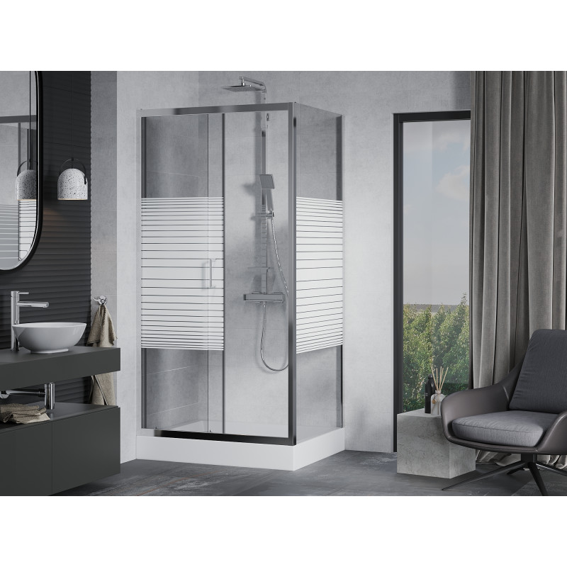 Mexen Apia cabine de douche coulissante 120 x 90 cm, bandes blanches, chrome + bac à douche Rio - 840-120-090-01-20-4510