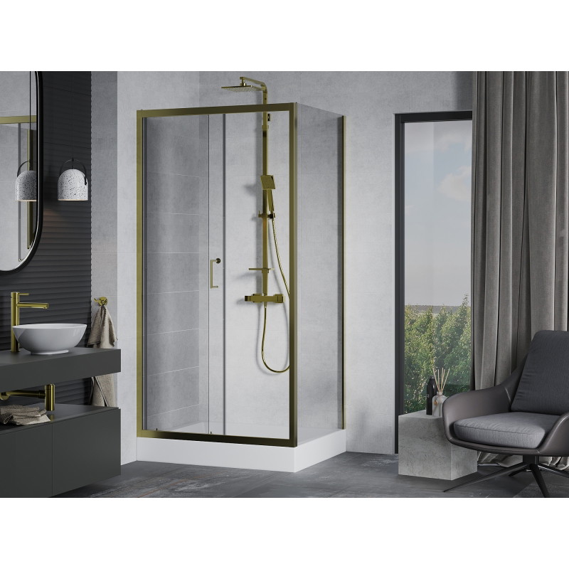 Mexen Apia klizna za tuš s kliznim vratima 100 x 80 cm, prozirna, zlatna + pladanj Rio - 840-100-080-50-00-4510
