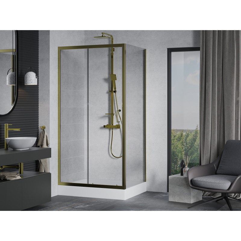 Mexen Apia klizna za tuš s kliznim vratima 100 x 80 cm, prozirna, zlatna + pladanj Rio - 840-100-080-50-00-4510