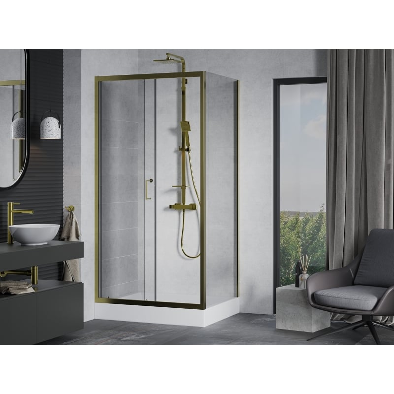 Mexen Apia klizna kabina s kliznim vratima 120 x 80 cm, prozirna, zlatna + tuš kada Rio - 840-120-080-50-00-4510