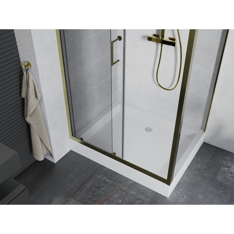 Mexen Apia klizna kabina s kliznim vratima 120 x 80 cm, prozirna, zlatna + tuš kada Rio - 840-120-080-50-00-4510