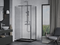 Mexen Apia cabine de douche coulissante 90 x 100 cm, transparent, chrome + receveur Flat, noir - 840-090-100-01-00-4070