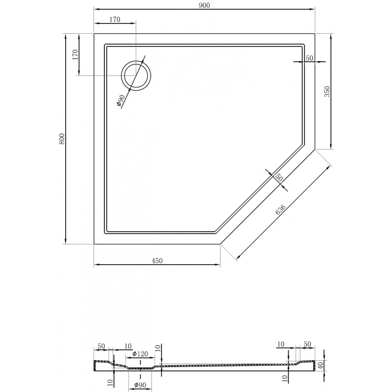 Mexen Flow brodzik pięciokątny slim lewy 90 x 80 cm, biały połysk - 46P108090L