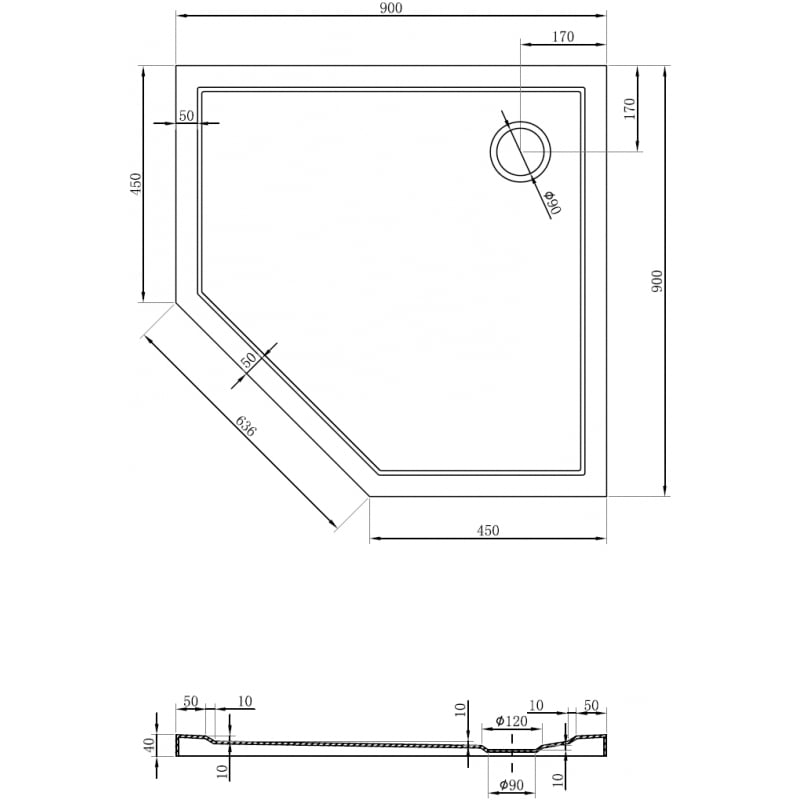 Mexen Flow viisikulmainen suihkuallas slim 90 x 90 cm, valkoinen kiiltävä - 46P109090