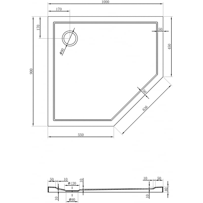 Mexen Flow brodzik pięciokątny slim lewy 100 x 90 cm, biały połysk - 46P109010L