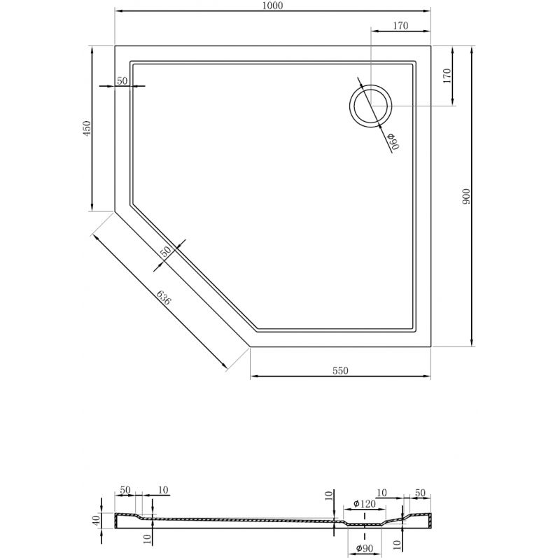 Mexen Flow plato de ducha pentagonal slim derecho 100 x 90 cm, blanco brillo - 46P109010R