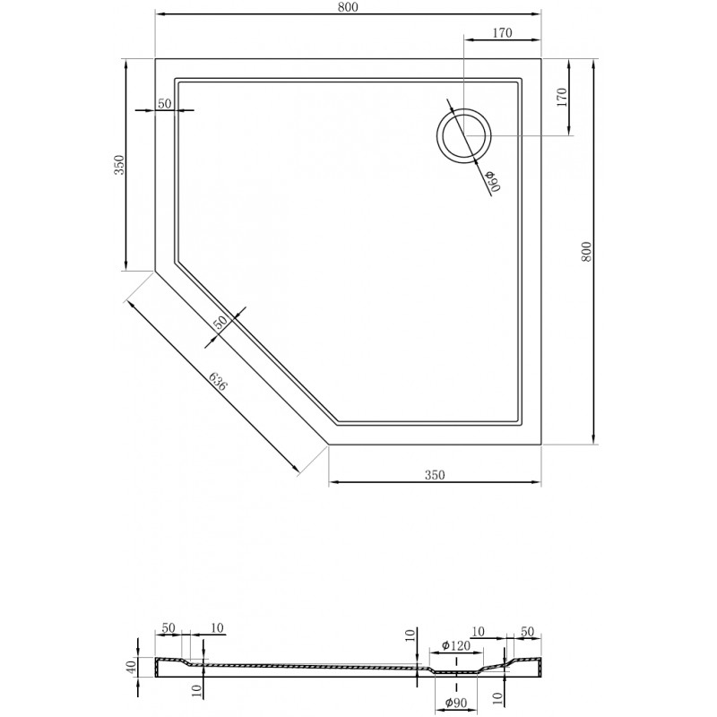 Mexen Flow brodzik pięciokątny slim 80 x 80 cm, biały połysk - 46P108080