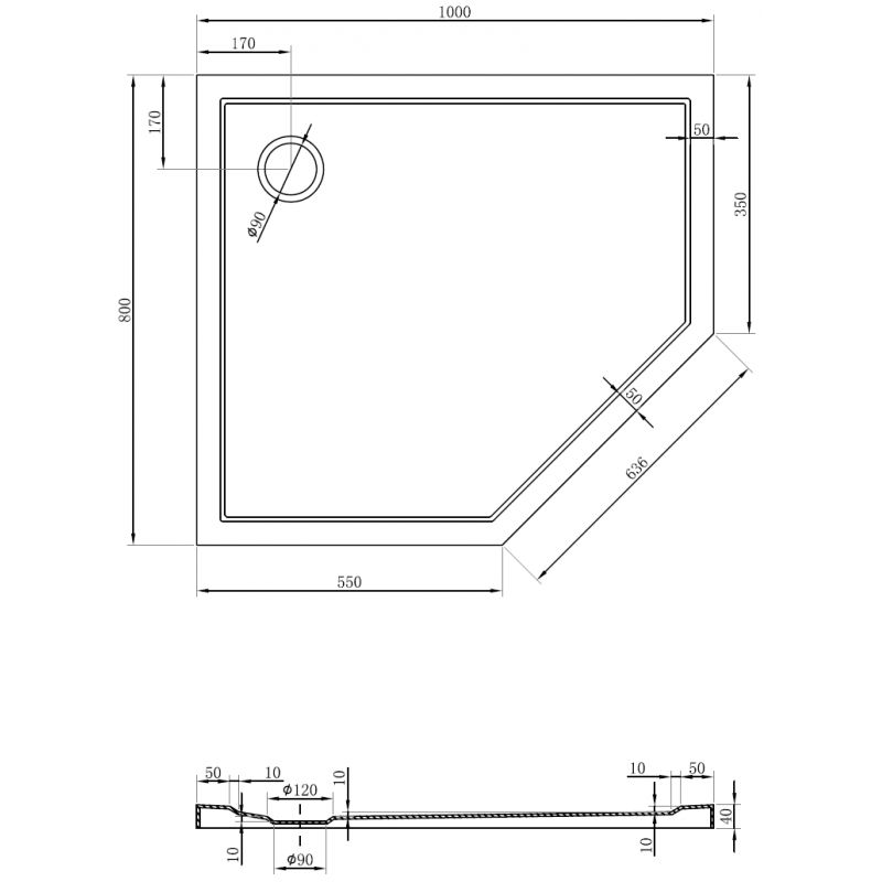 Mexen Flow receveur de douche pentagonal slim gauche 100 x 80 cm, noir mat - 46P708010L