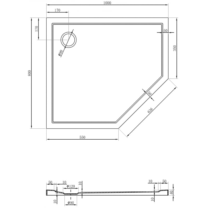 Mexen Flow viisikulmainen ohut vasen 100 x 80 cm, musta matta - 46P708010L