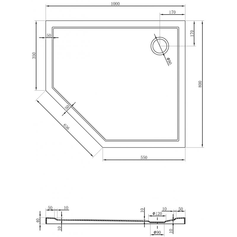 Mexen Flow base de duche pentagonal slim direito 100 x 80 cm, preto mate - 46P708010R