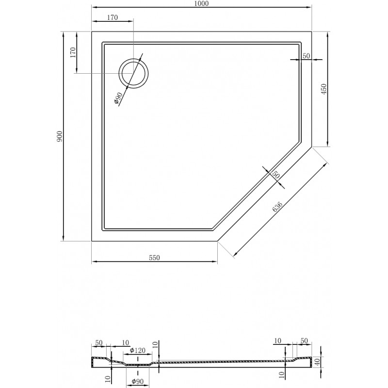 Mexen Flow brodzik pięciokątny slim lewy 100 x 90 cm, czarny mat - 46P709010L