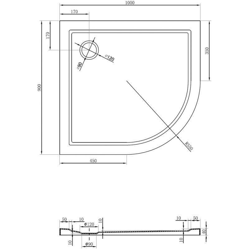 Mexen Flow Duschwanne Halbkreisförmig Asymmetrisch Slim Links 100 x 90 cm, Weiß Hochglanz - 46Q109010L